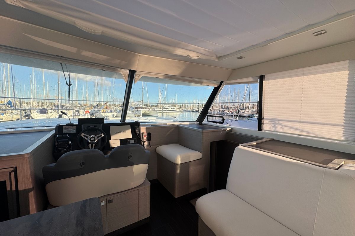 Cockpit of Blue Champagne, a Fountaine Pajot MY4.S - Maestro catamaran at La Rochelle, France