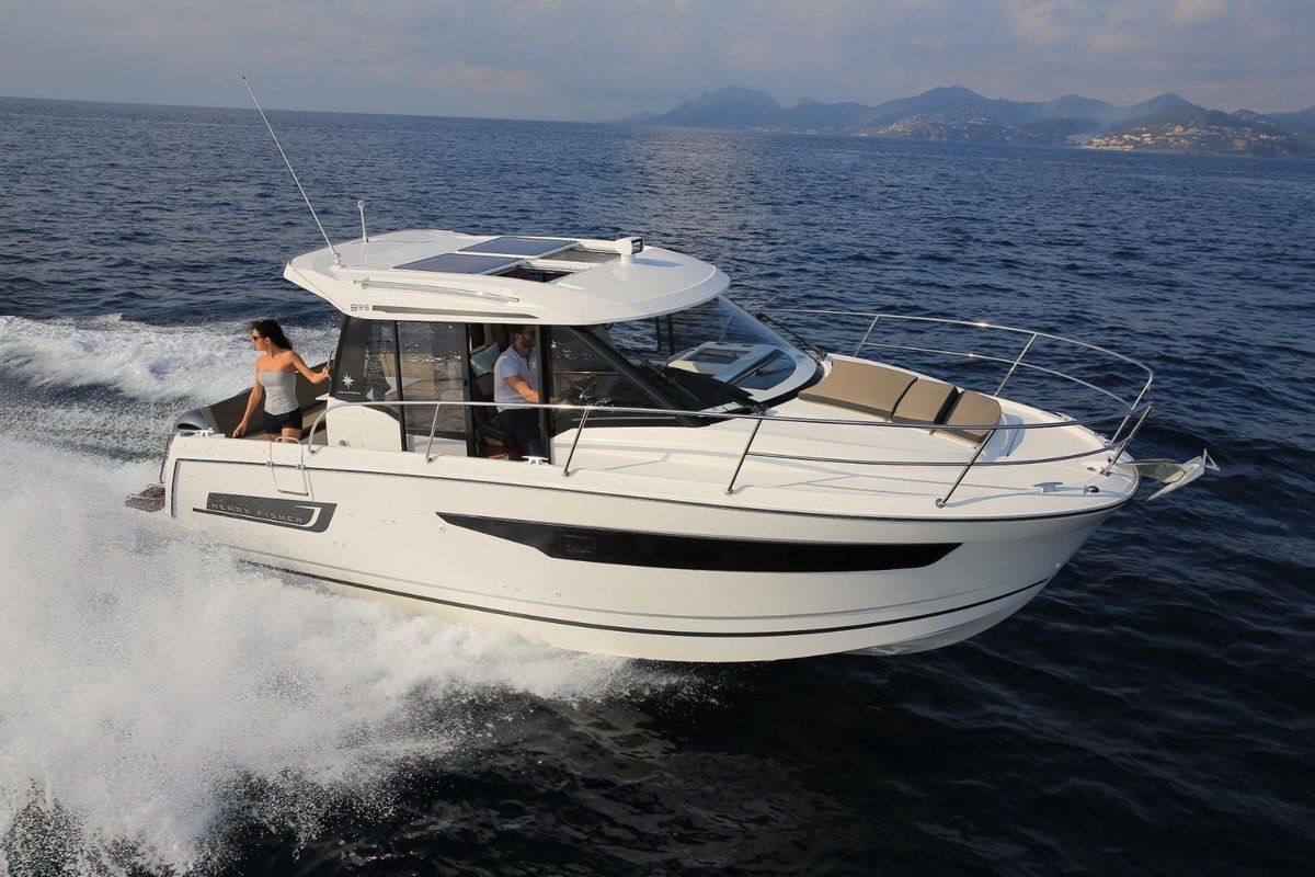 Exterior view of Aquaduck, a Jeanneau Merry Fisher 895 motorboat at Grad Biograd na Moru, Croatia