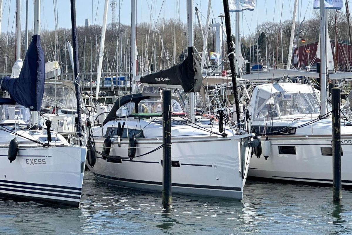 Exterior view of Nice To Have, a Dufour 382 GL sailboat at Heiligenhafen, Germany