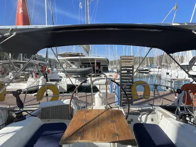 Cockpit of Blue Sky, a Jeanneau Sun Odyssey 36i sailboat at Fethiye, Turkey