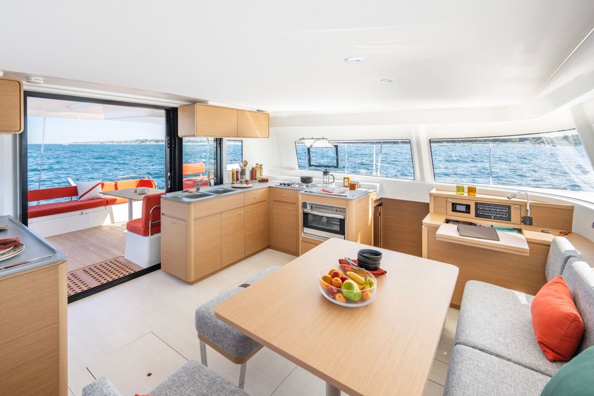 Salon of Elyvian Dream, a Excess 14 catamaran at Santa Maria di Leuca, Italy