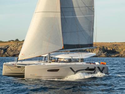 Exterior view of Elyvian Dream, a Excess 14 catamaran at Santa Maria di Leuca, Italy