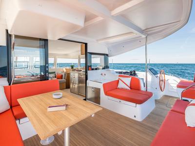Deck of Elyvian Dream, a Excess 14 catamaran at Santa Maria di Leuca, Italy