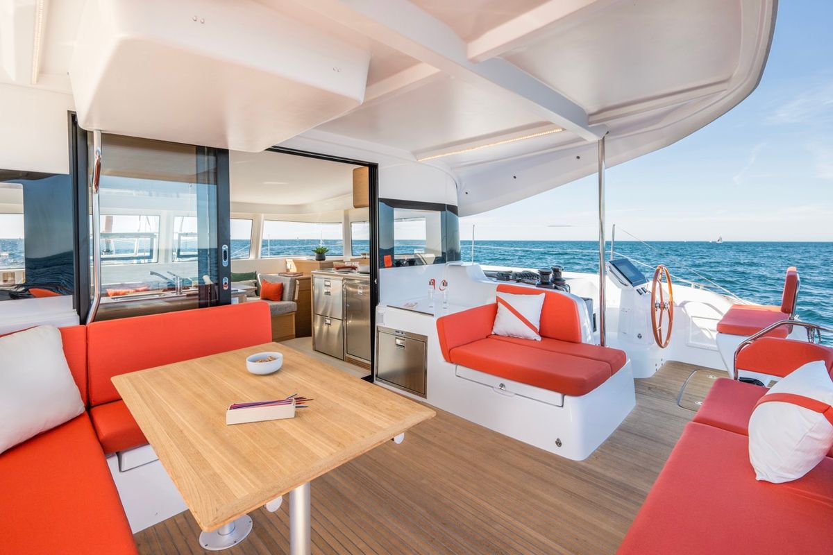 Deck of Elyvian Dream, a Excess 14 catamaran at Santa Maria di Leuca, Italy