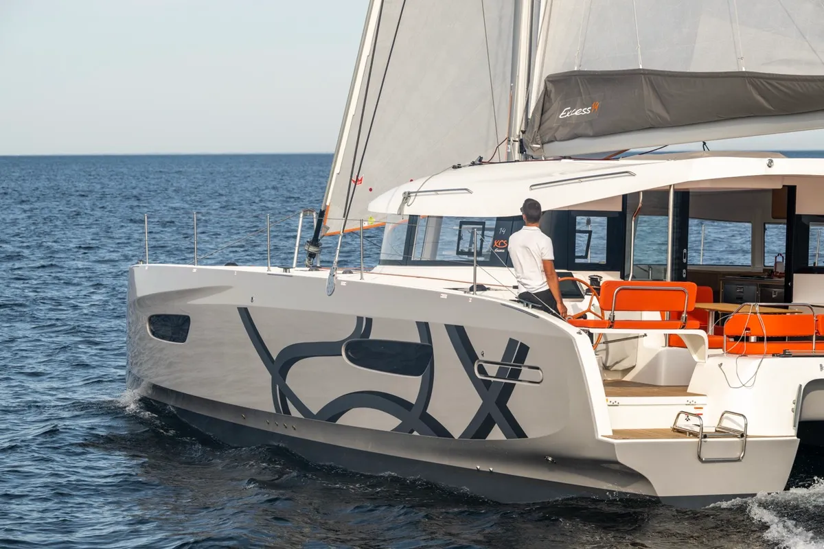 Exterior view of Elyvian Dream, a Excess 14 catamaran at Santa Maria di Leuca, Italy