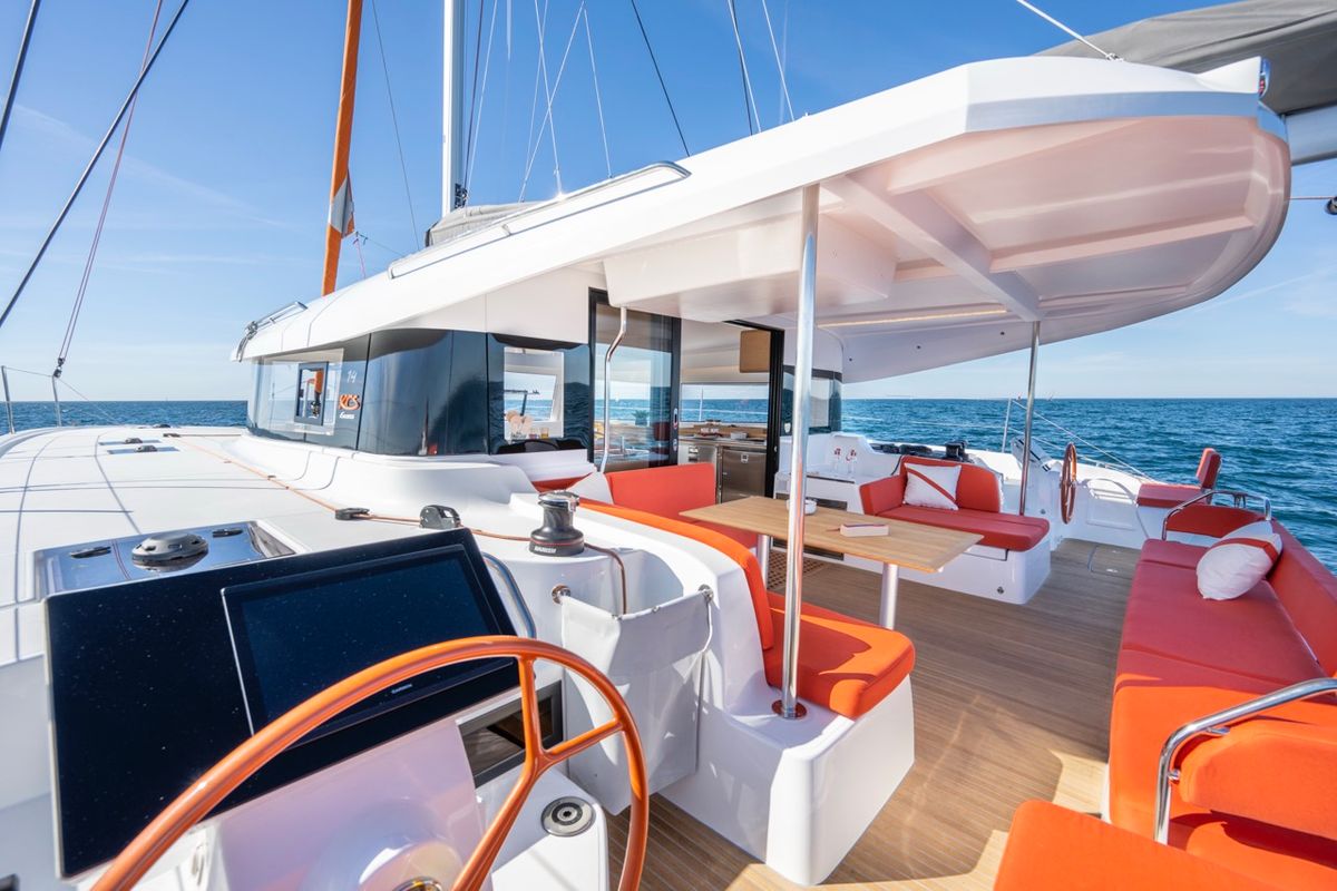 Deck of Elyvian Dream, a Excess 14 catamaran at Santa Maria di Leuca, Italy