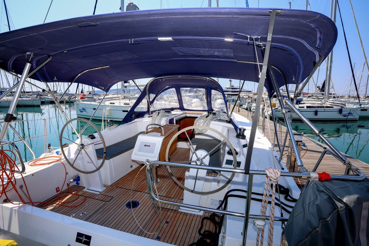 Cockpit of Pomena, a Bavaria C38 sailboat at Grad Kaštela, Croatia