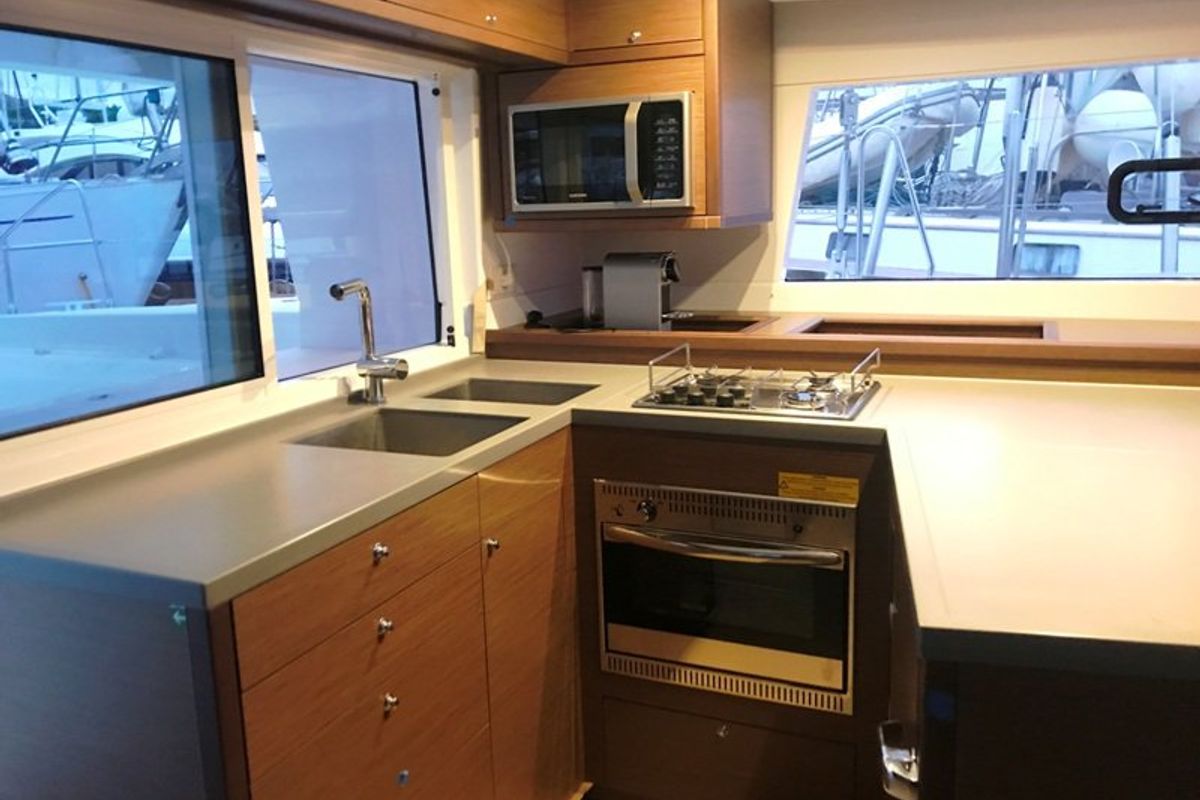 Galley of Golden Dream, a Lagoon 450 F catamaran at Lavreotiki Municipal Unit, Greece