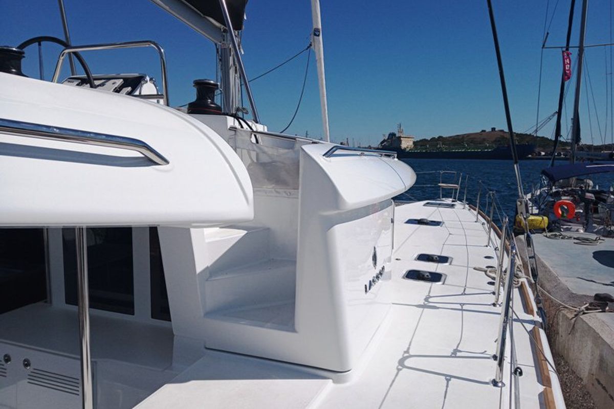 Deck of Golden Dream, a Lagoon 450 F catamaran at Lavreotiki Municipal Unit, Greece