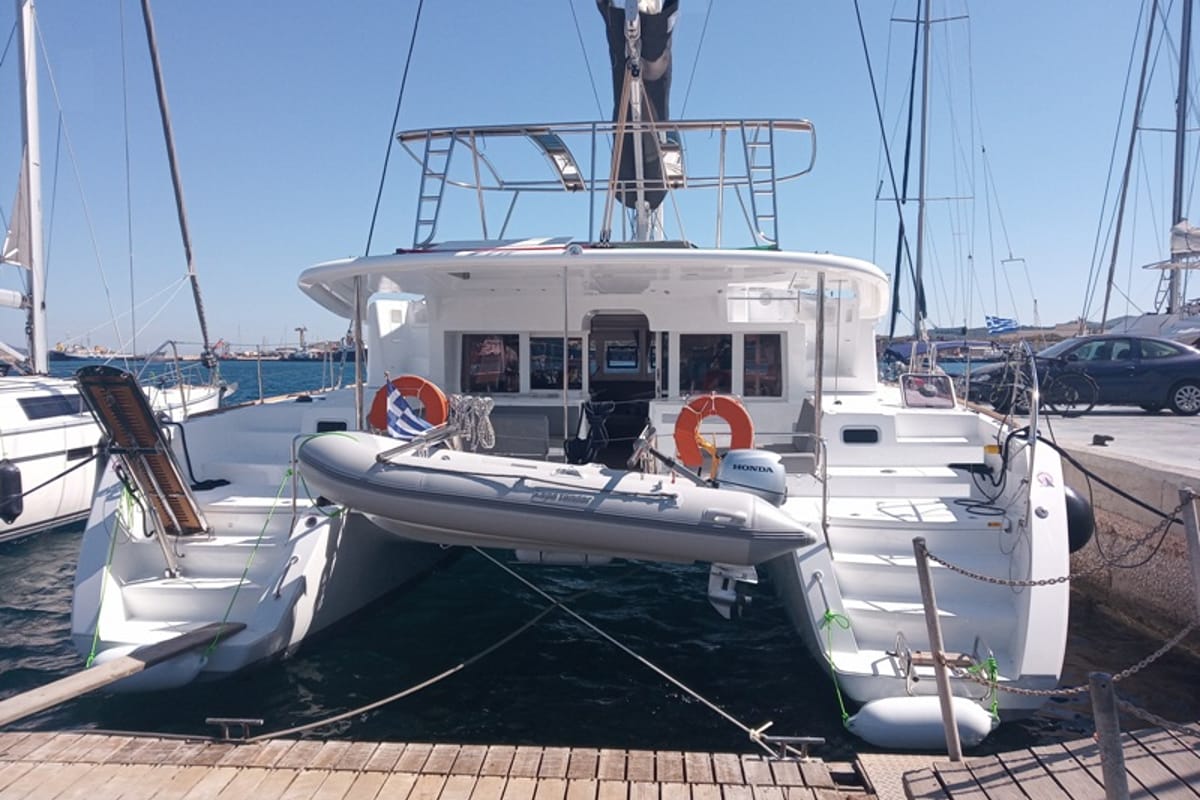 Exterior view of Golden Dream, a Lagoon 450 F catamaran at Lavreotiki Municipal Unit, Greece