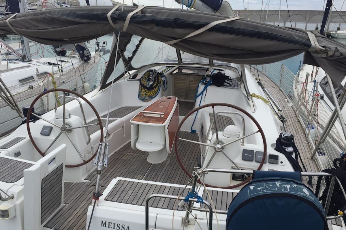 Cockpit of Meissa, a Beneteau Oceanis 46 sailboat at Rosignano Solvay, Italy