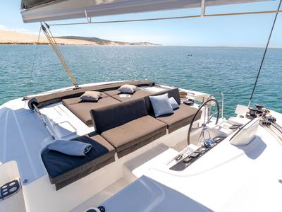 Deck of Dedalo, a Lagoon 46 catamaran at Procida, Italy
