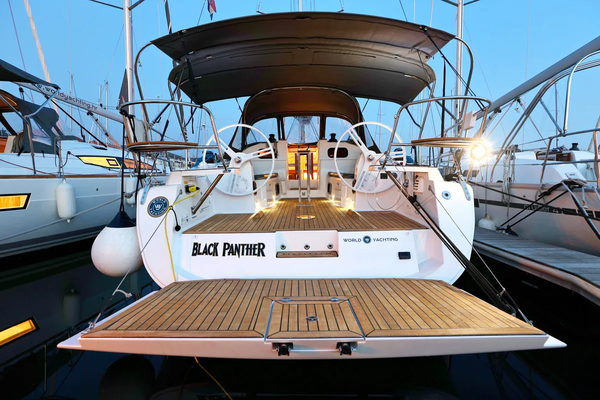 Cockpit of Black Panther, a Elan Impression 40 sailboat at Grad Šibenik, Croatia