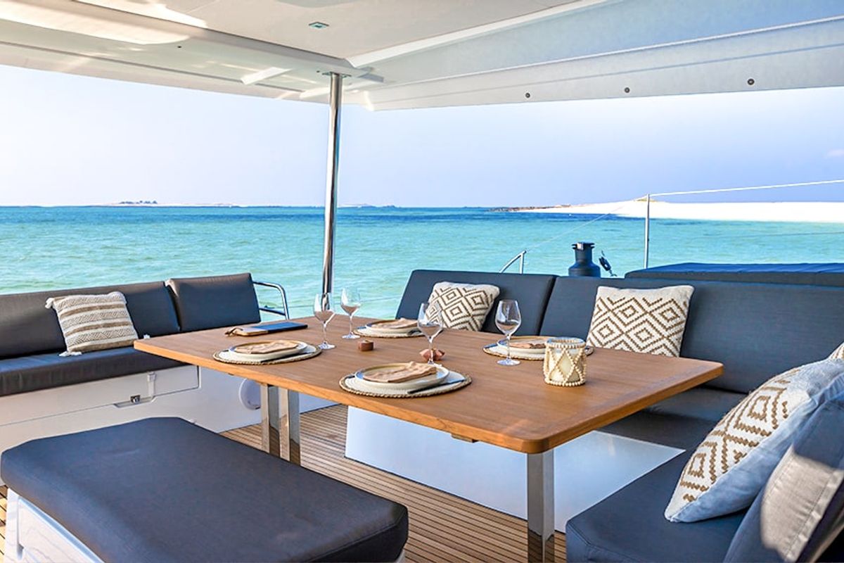 Deck of Penny Lane, a Fountaine Pajot Aura 51 catamaran at Athens, Greece