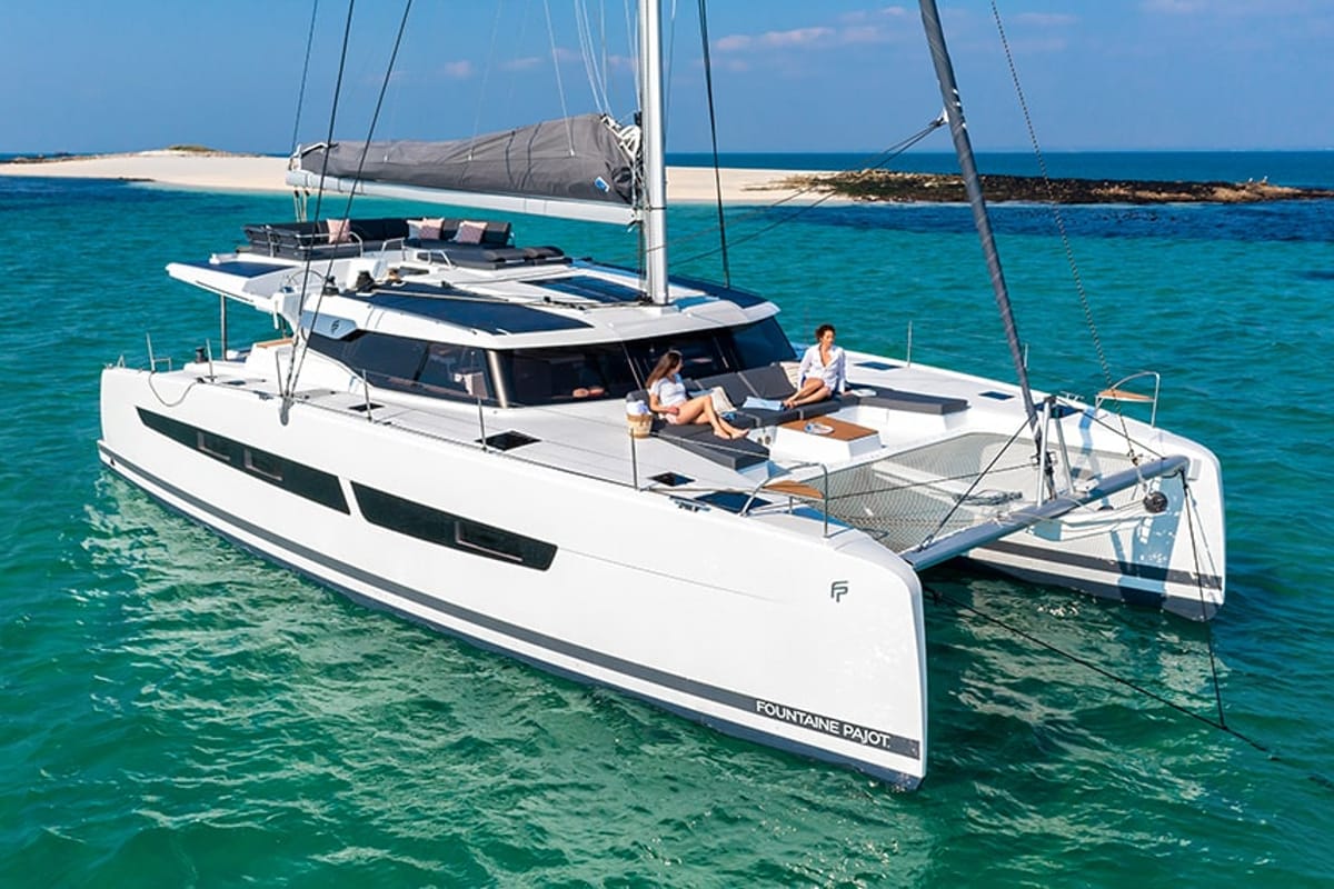Exterior view of Penny Lane, a Fountaine Pajot Aura 51 catamaran at Athens, Greece