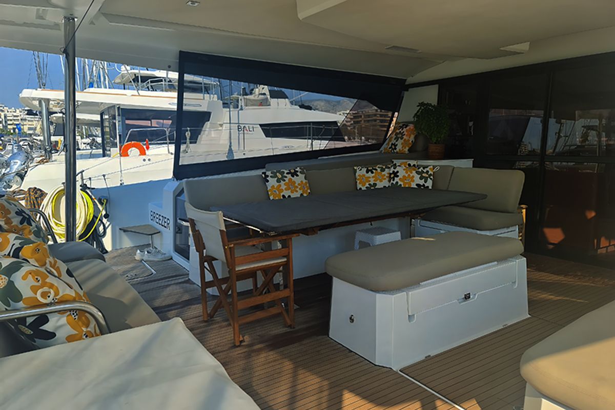 Deck of Penny Lane, a Fountaine Pajot Aura 51 catamaran at Athens, Greece