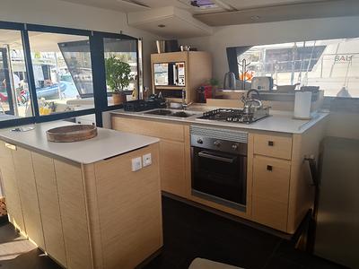 Galley of Penny Lane, a Fountaine Pajot Aura 51 catamaran at Athens, Greece
