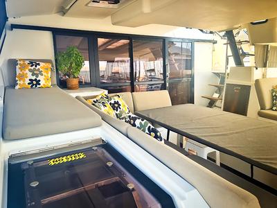 Salon of Penny Lane, a Fountaine Pajot Aura 51 catamaran at Athens, Greece