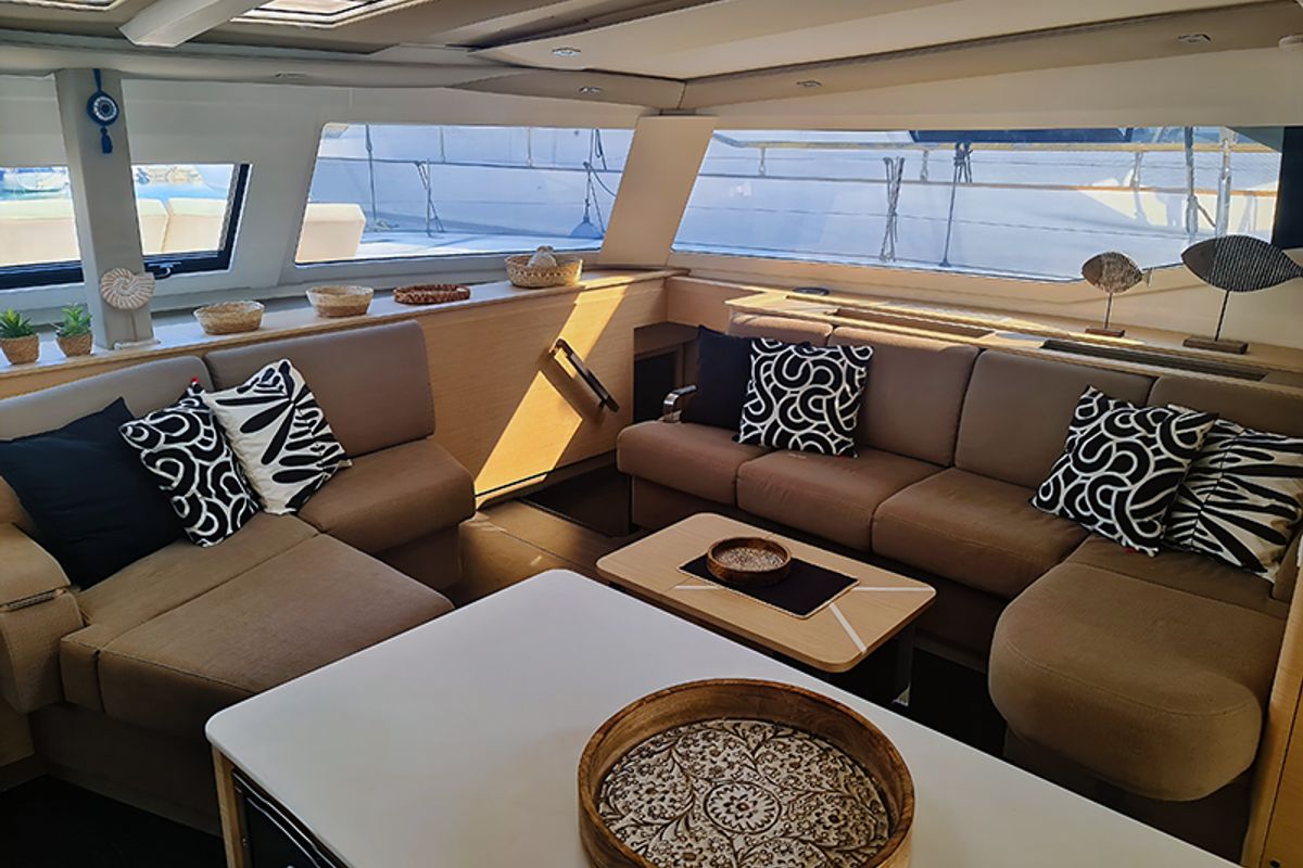 Salon of Penny Lane, a Fountaine Pajot Aura 51 catamaran at Athens, Greece
