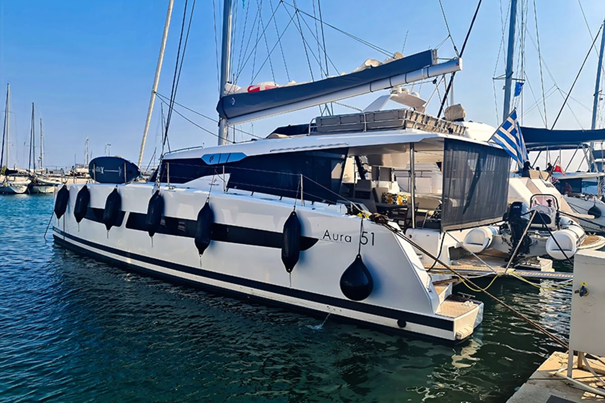 Exterior view of Penny Lane, a Fountaine Pajot Aura 51 catamaran at Athens, Greece