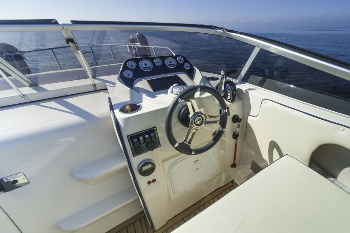 Cockpit of Eolo, a Eolo 770 Cruiser motorboat at Punat, Croatia