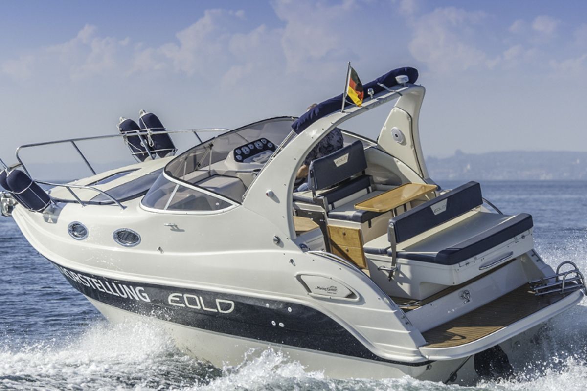 Exterior view of Eolo, a Eolo 770 Cruiser motorboat at Punat, Croatia