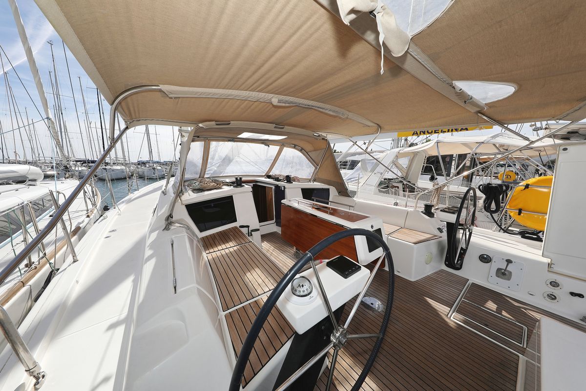 Cockpit of Friendship, a Dufour 430 GL sailboat at Grad Vodice, Croatia