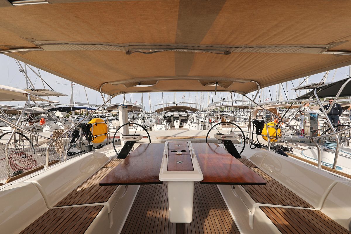 Cockpit of Friendship, a Dufour 430 GL sailboat at Grad Vodice, Croatia