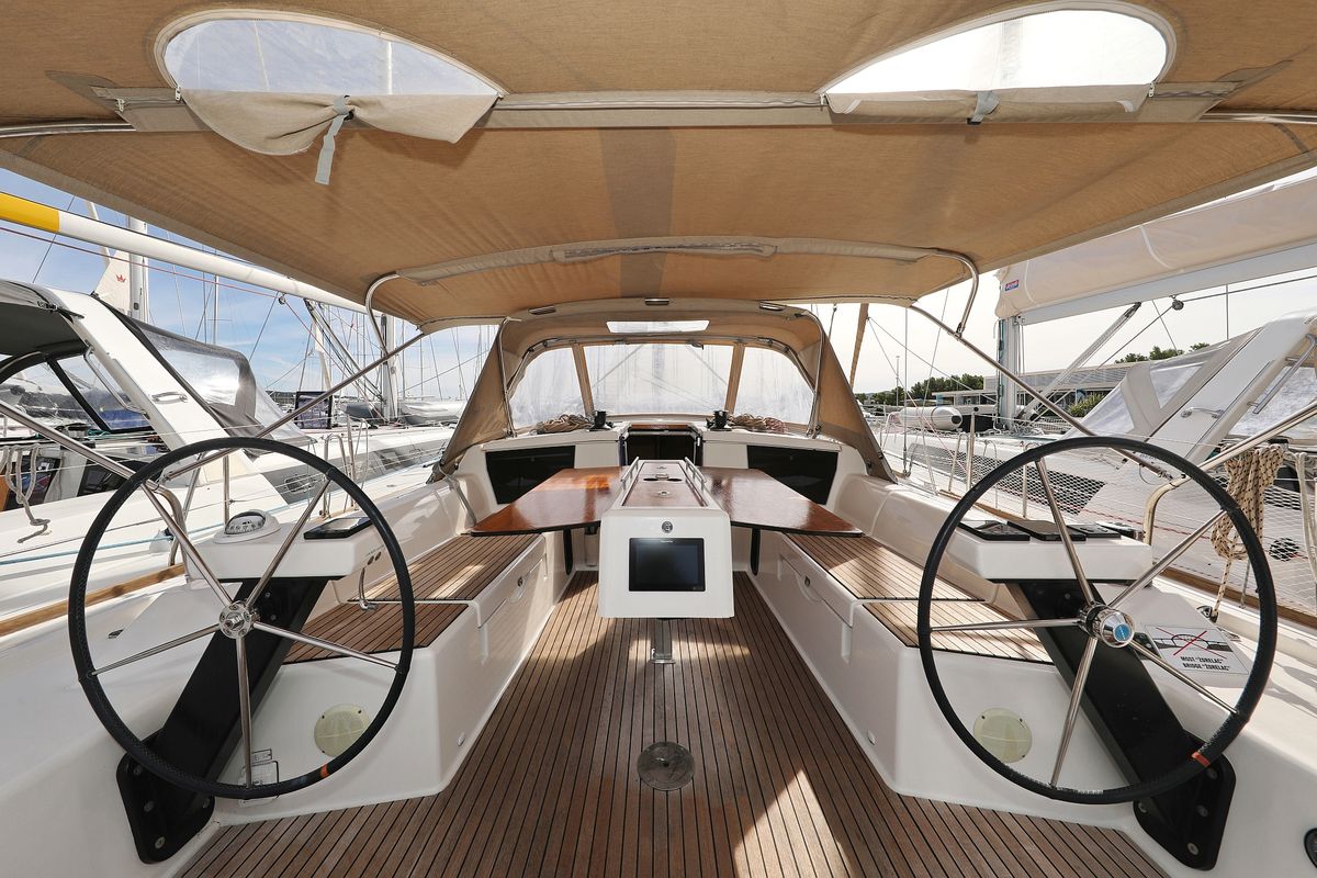 Cockpit of Friendship, a Dufour 430 GL sailboat at Grad Vodice, Croatia