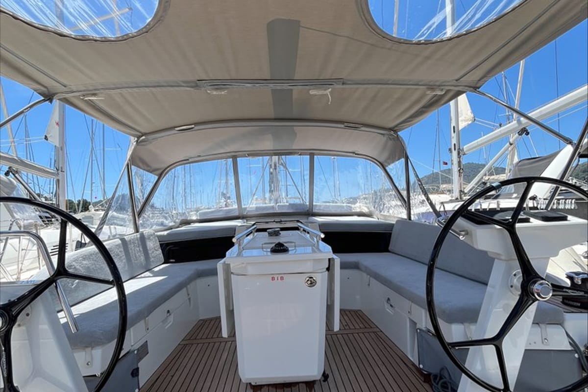 Cockpit of Just Dream, a Beneteau Oceanis 46.1 sailboat at Bodrum, Turkey