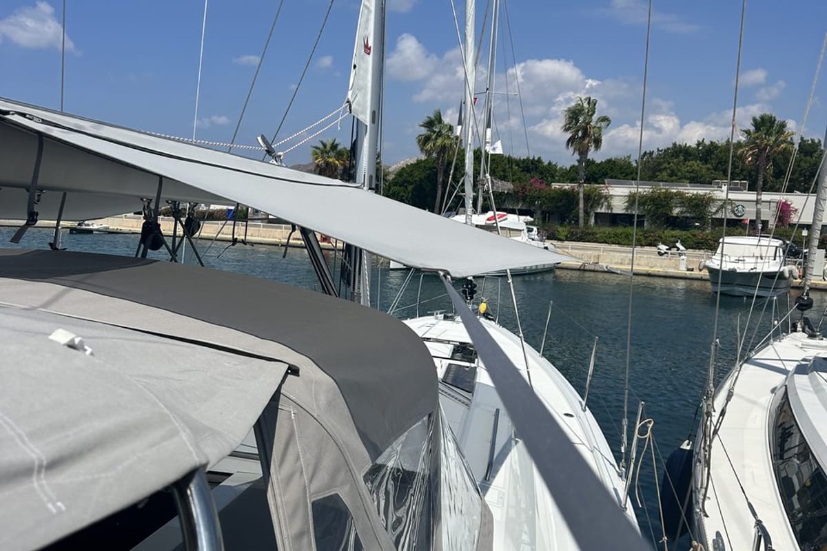 Deck of Just Dream, a Beneteau Oceanis 46.1 sailboat at Bodrum, Turkey