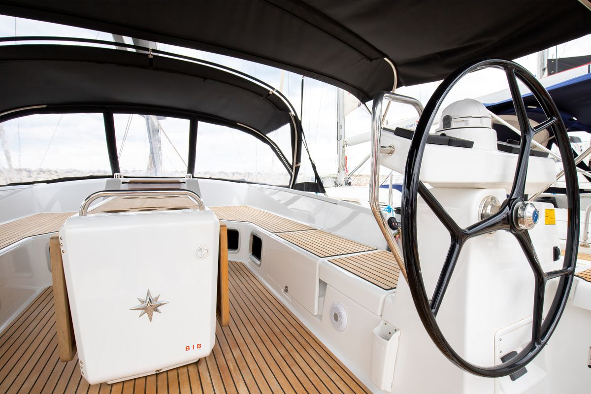 Cockpit of Talassa, a Jeanneau 54 sailboat at Salerno, Italy