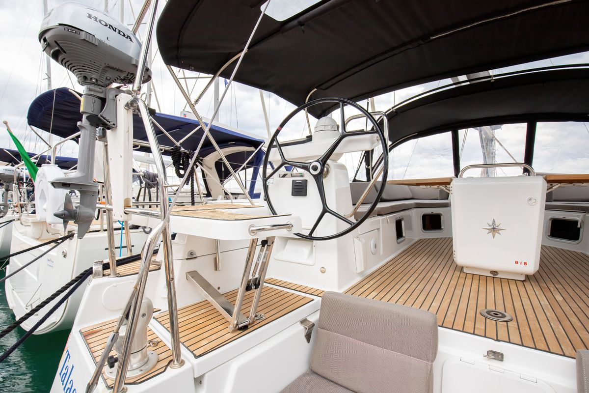 Cockpit of Talassa, a Jeanneau 54 sailboat at Salerno, Italy