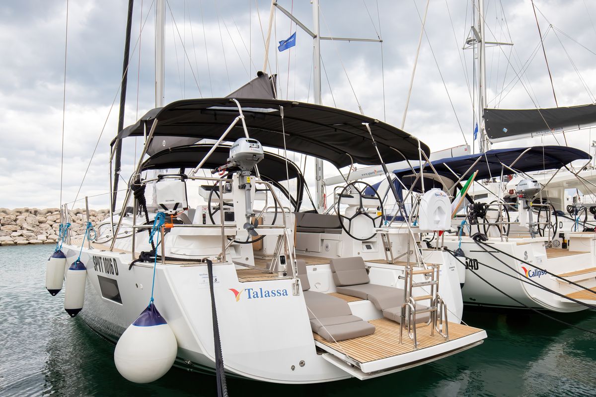 Exterior view of Talassa, a Jeanneau 54 sailboat at Salerno, Italy