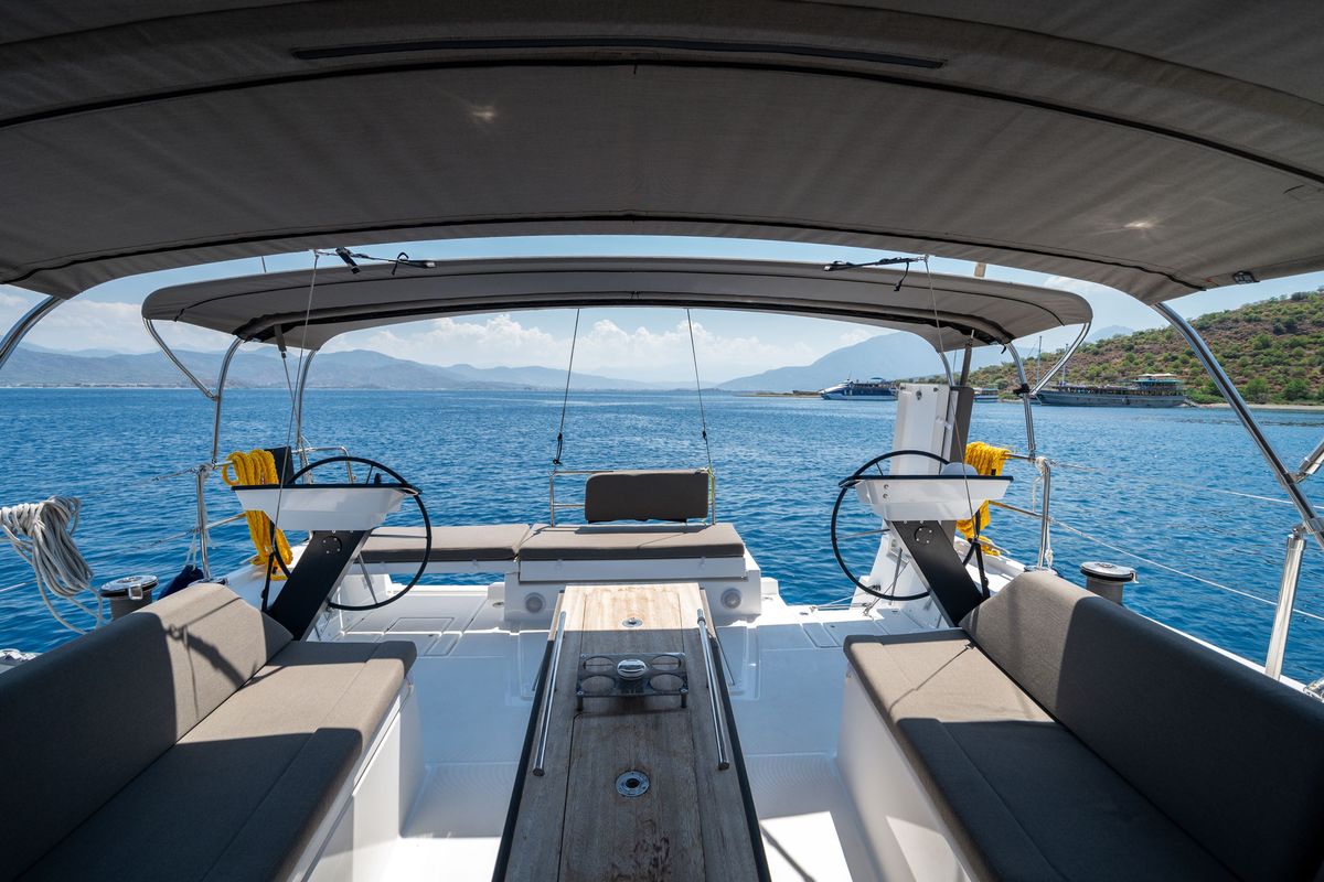 Deck of Gusto 7, a Dufour 470 sailboat at Fethiye, Turkey