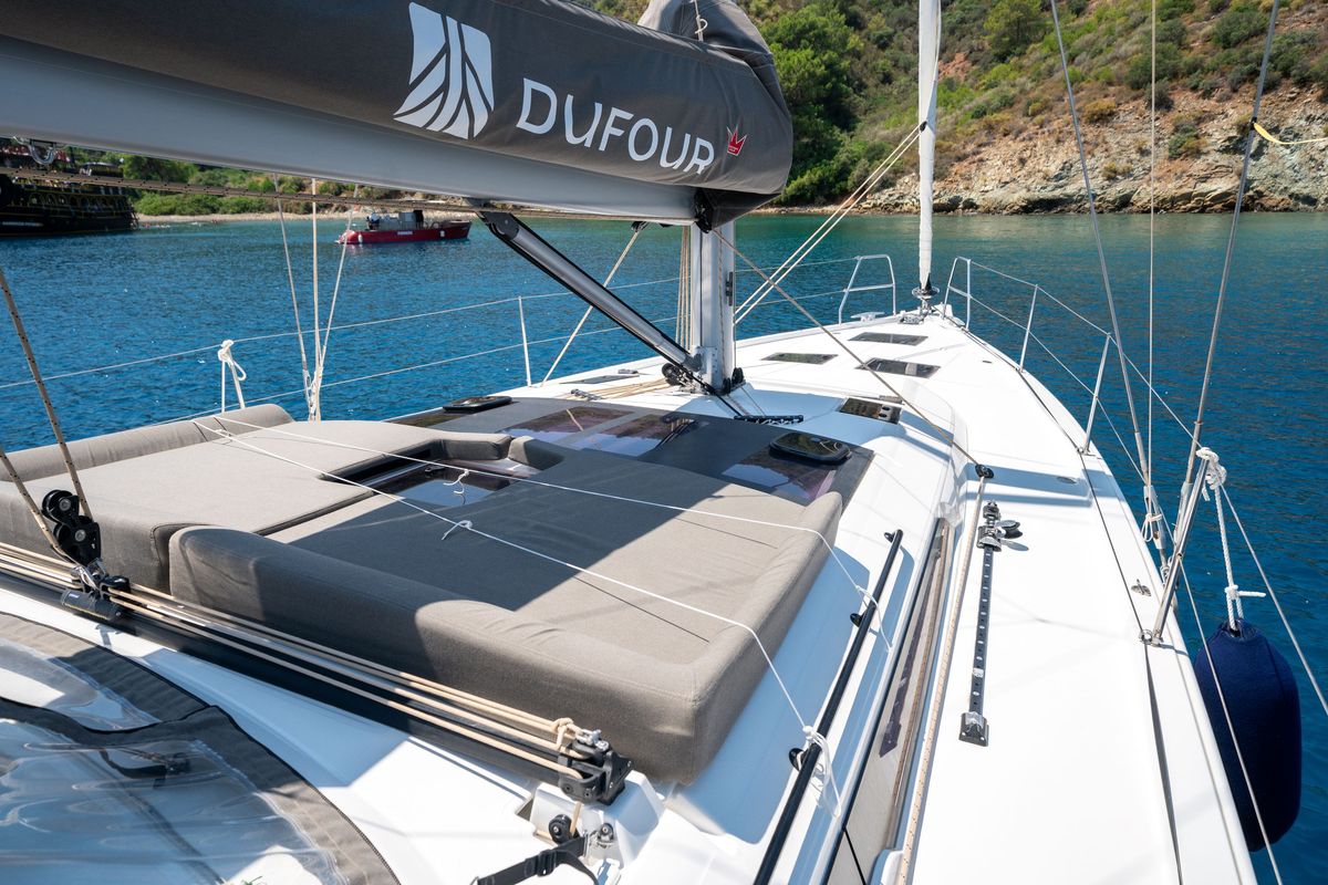 Deck of Gusto 7, a Dufour 470 sailboat at Fethiye, Turkey