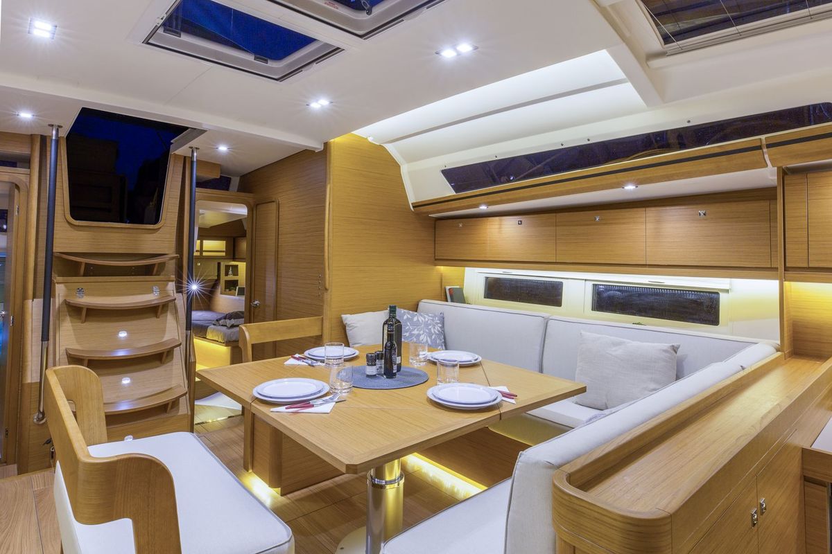 Salon of Kalypso, a Dufour 520 GL sailboat at Sithonia Municipal Unit, Greece