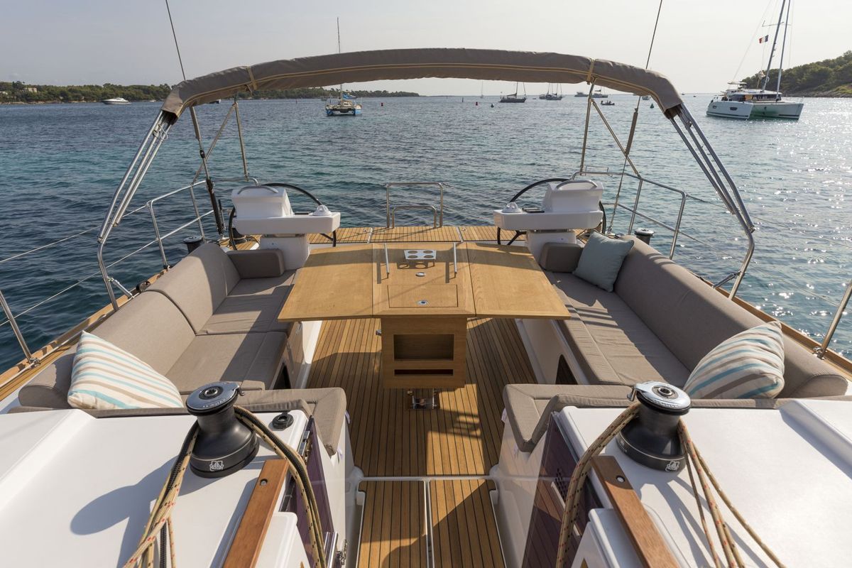 Cockpit of Kalypso, a Dufour 520 GL sailboat at Sithonia Municipal Unit, Greece