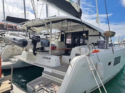 Exterior view of Etoile, a Lagoon 42 catamaran at Eden Island Marina, Seychelles