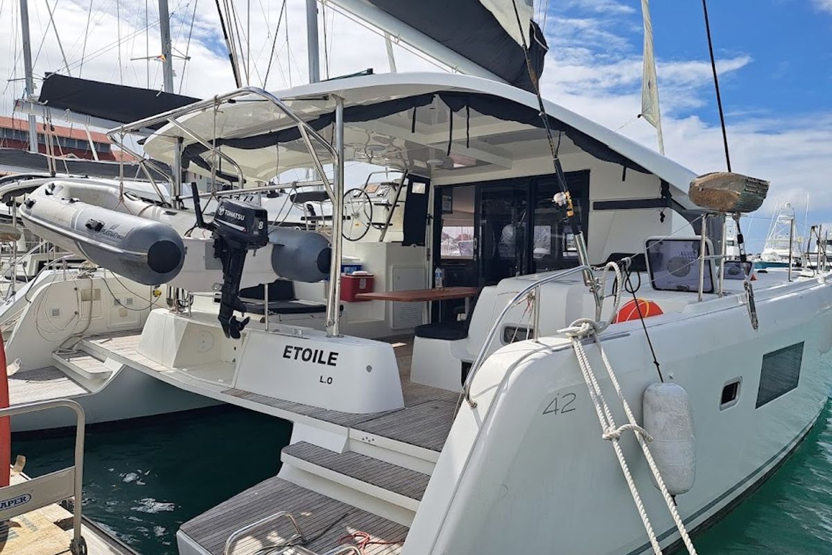 Exterior view of Etoile, a Lagoon 42 catamaran at Eden Island Marina, Seychelles