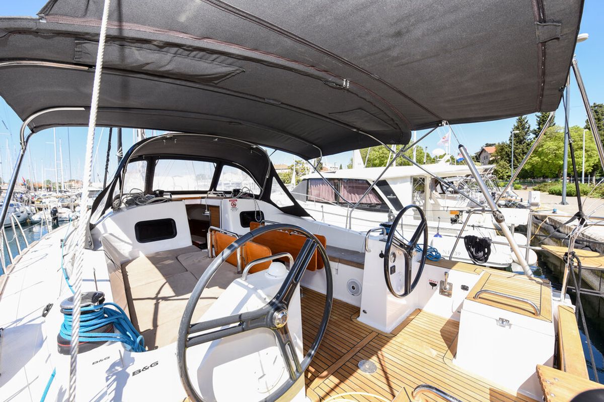 Cockpit of Jola, a Elan Impression 45.1 sailboat at Zadar, Croatia