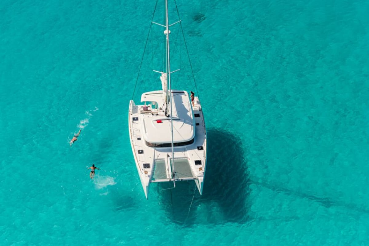 Exterior view of Le Grand Bleu, a Lagoon 39 catamaran at Kontokali, Greece