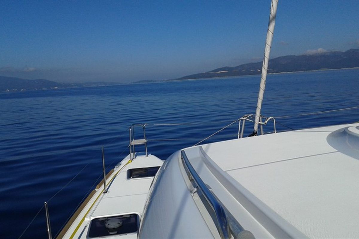 Deck of Le Grand Bleu, a Lagoon 39 catamaran at Kontokali, Greece
