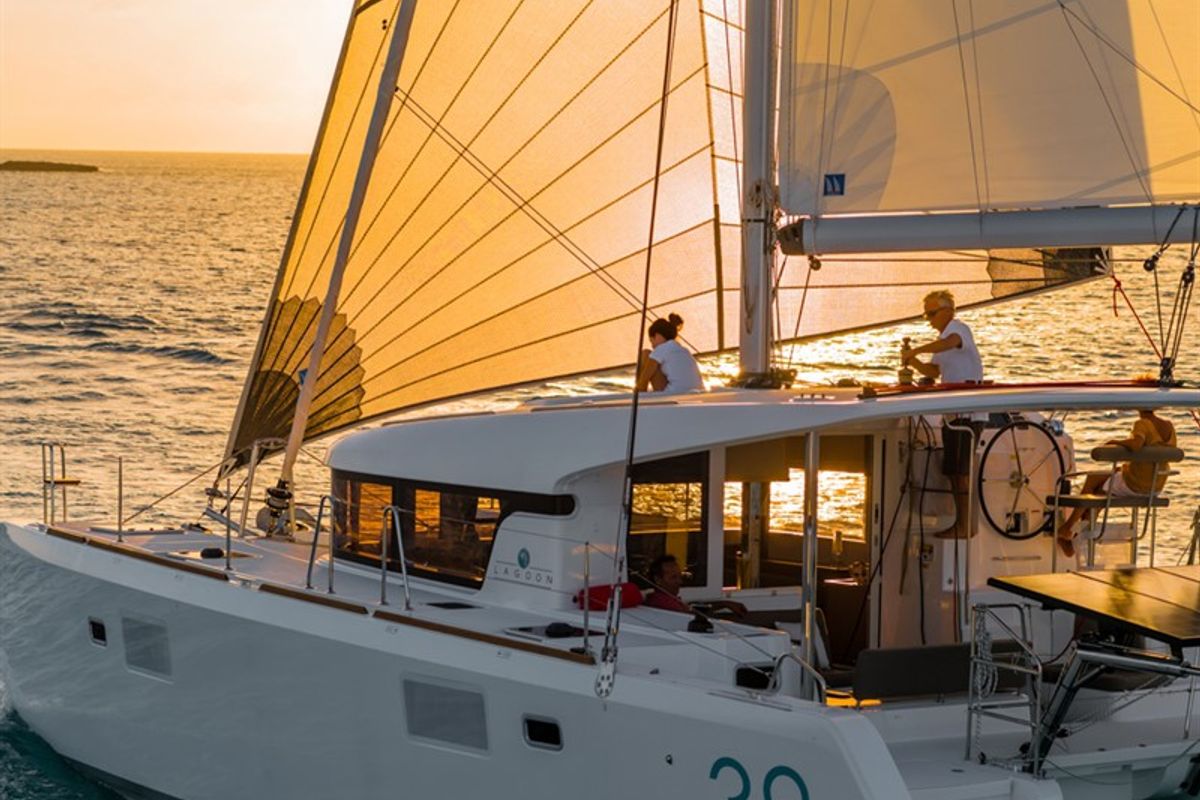 Exterior view of Le Grand Bleu, a Lagoon 39 catamaran at Kontokali, Greece