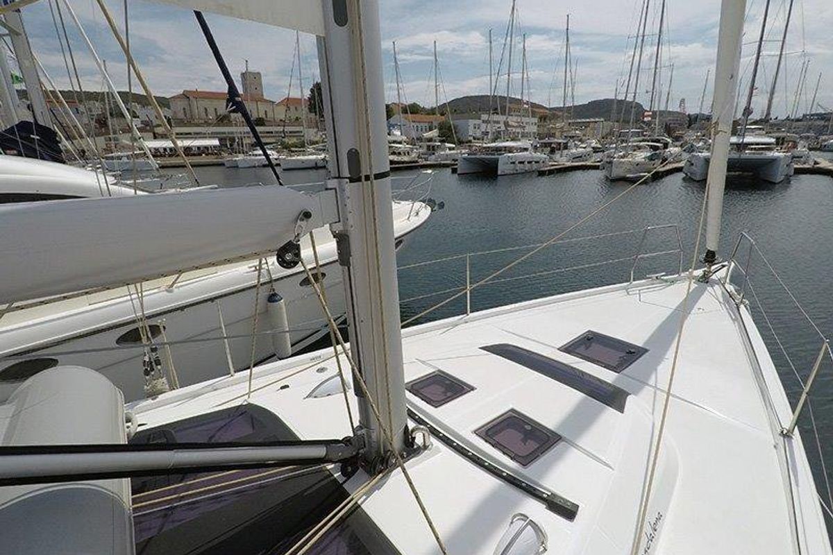 Deck of Freya, a Dufour 430 GL sailboat at Grad Šibenik, Croatia