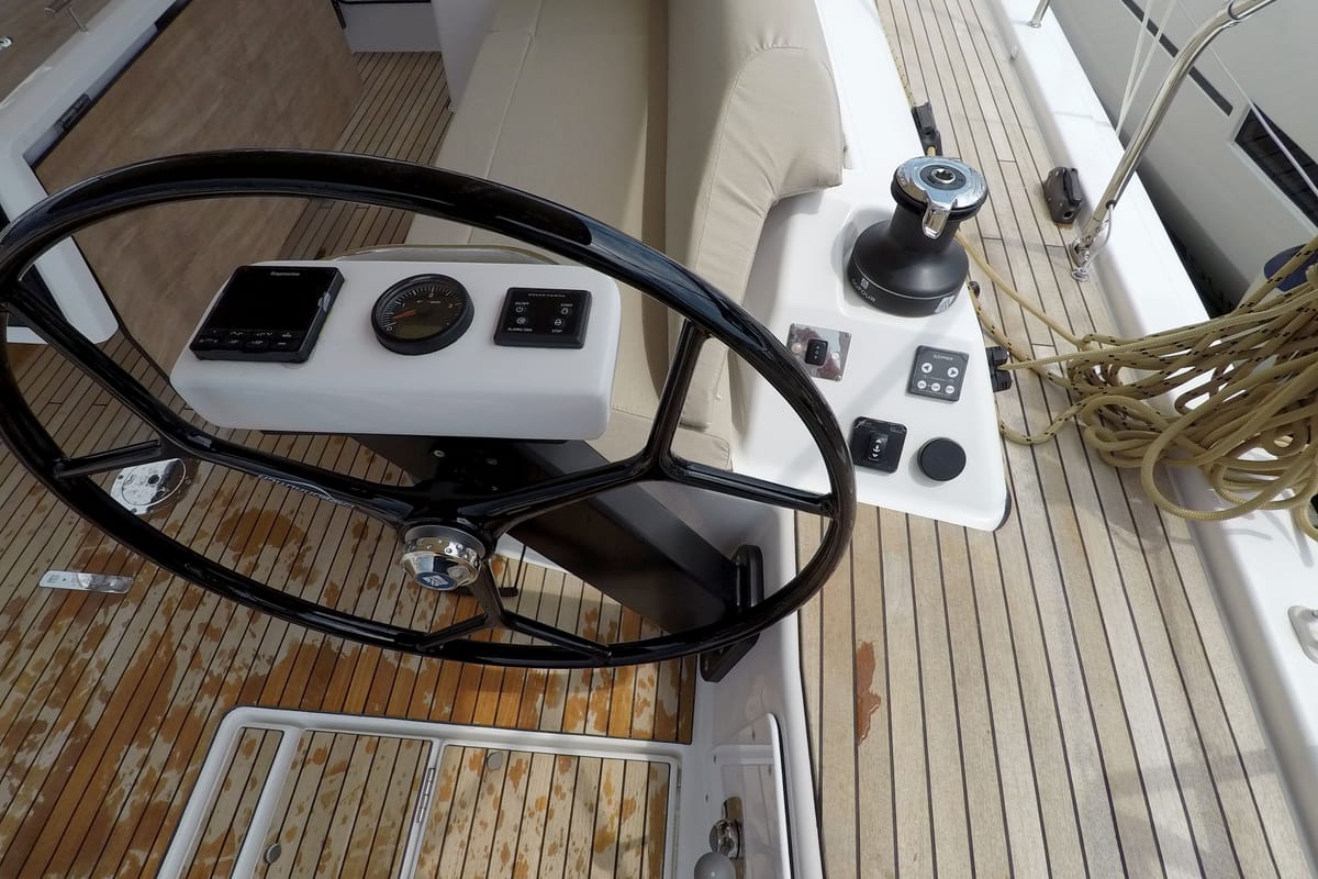 Deck of Freya, a Dufour 430 GL sailboat at Grad Šibenik, Croatia