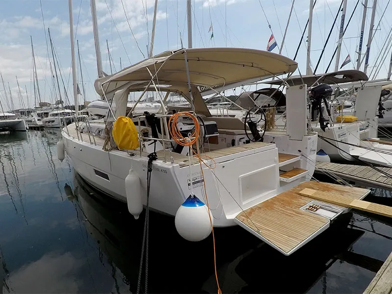 Deck of Freya, a Dufour 430 GL sailboat at Grad Šibenik, Croatia