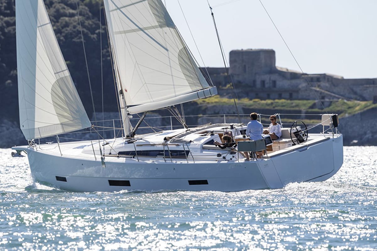 Exterior view of Freya, a Dufour 430 GL sailboat at Grad Šibenik, Croatia