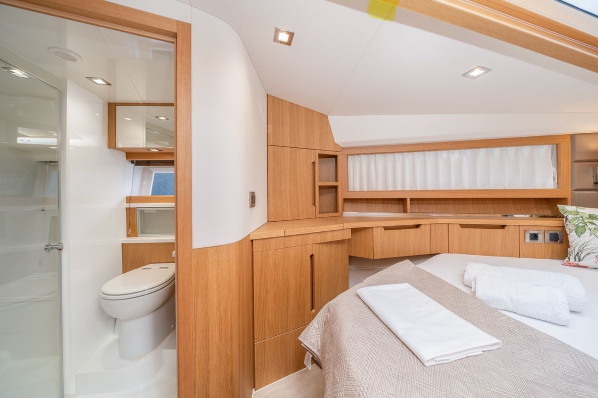 Cabin on BELLAGIO, a Galeon 430 Skydeck motorboat at Makarska, Croatia