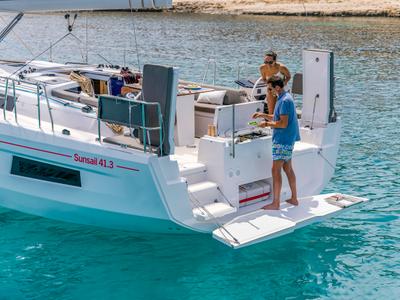 Deck of Sunsail 41.3 Premium, a Dufour 41 sailboat at Municipal Unit of Lefkada, Greece